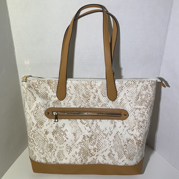 Women’s Large Tan Snake Skin Print Zipper Tote Bag - Picture 2 of 8
